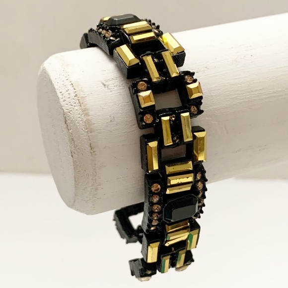 Black enamel and gold and champagne rhinestone art deco style bracelet - Picture 1 of 13